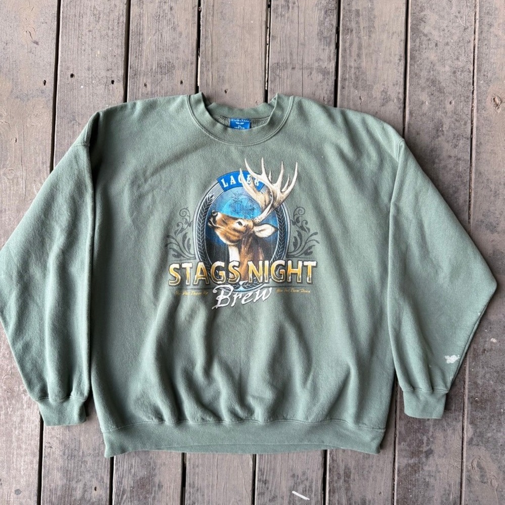 Puritan Vintage Stags Night Brew Lager Graphic Sweatshirt Olive Green Mens XL